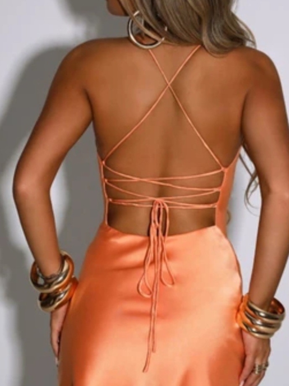 Babyboo Strappy Satin Backless Orange Slip Dress
